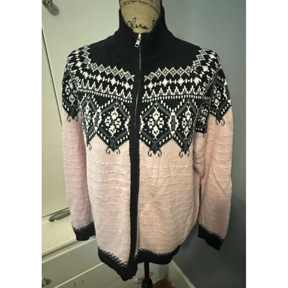 Sag Harbor Cardigan Sweater Large Full Zip Nordic Icelandic Snowflake Pink Black - Picture 1 of 8